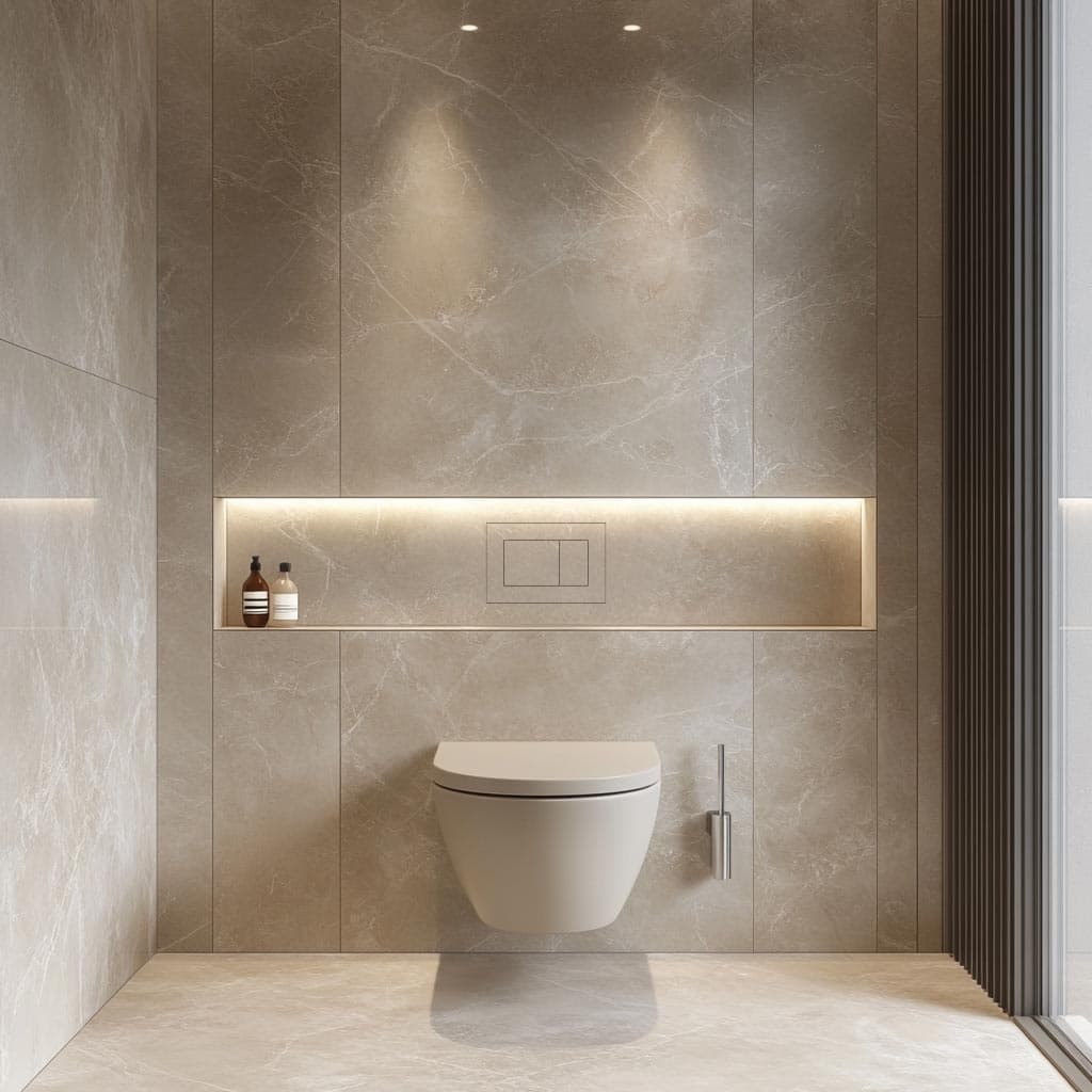 Wand-WC mit beleuchteter Nische und Großformat in Steinoptik